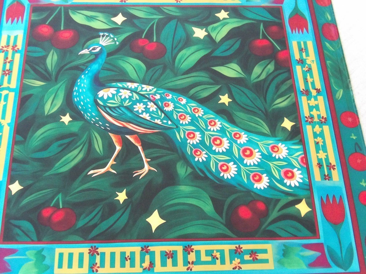 Close-up of the peacock's tail on the Cherry Peacock mahjong mat, each eye painted as a white daisy