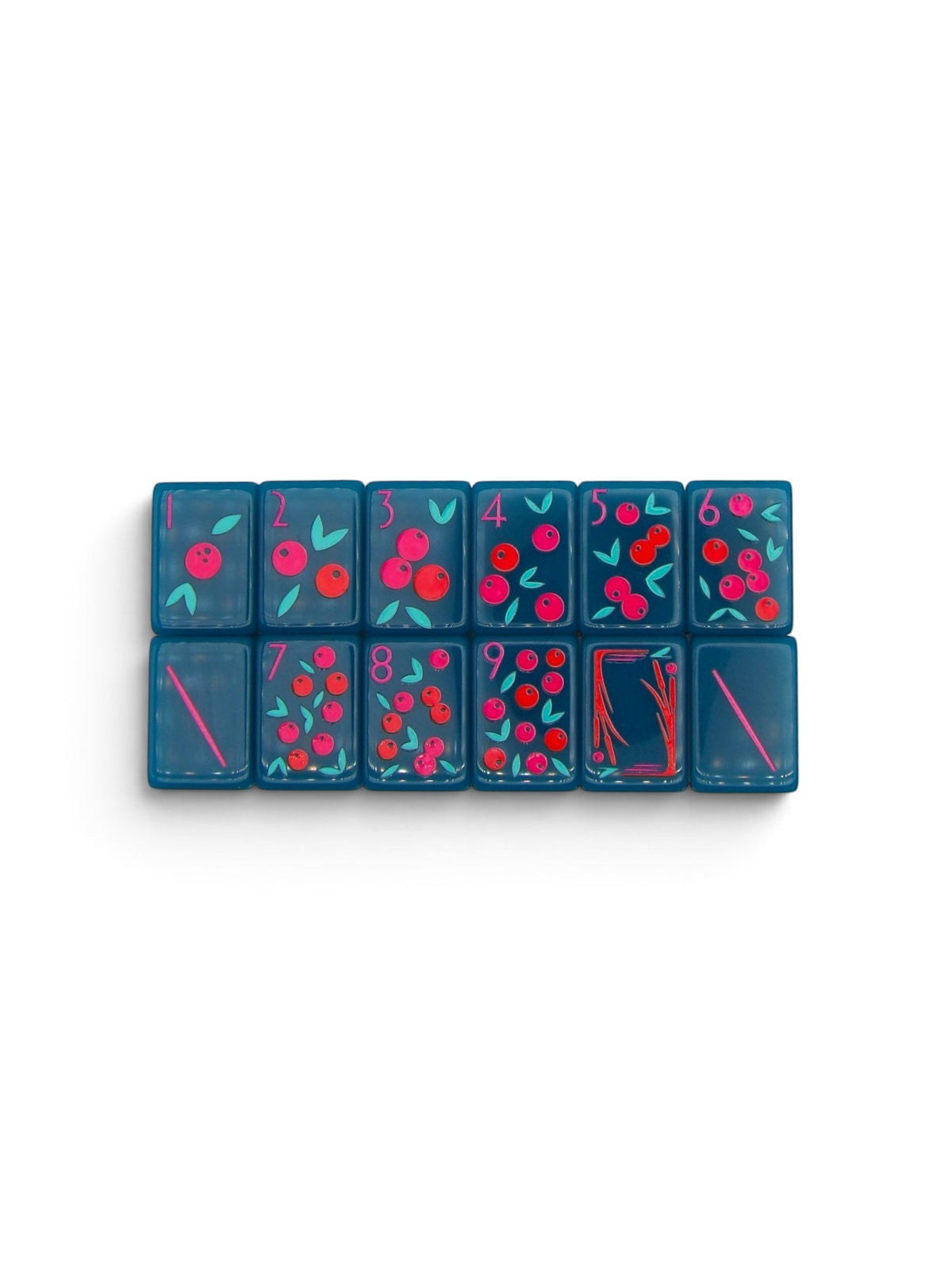 Luxury Mahjong Electric Bloom acrylic tiles featuring deep teal background with hot pink berry and bamboo motifs