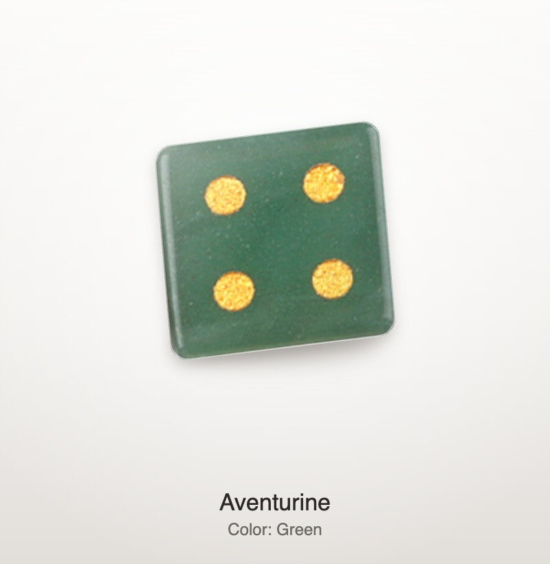 Luxury Mahjong 16mm green aventurine stone die with gold pips on a clean white background