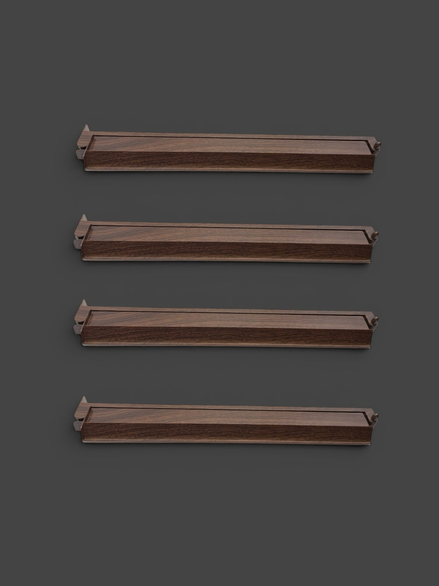Luxury Mahjong set of 4 dark wood tile racks with smooth finish and angled design for stable tile display.