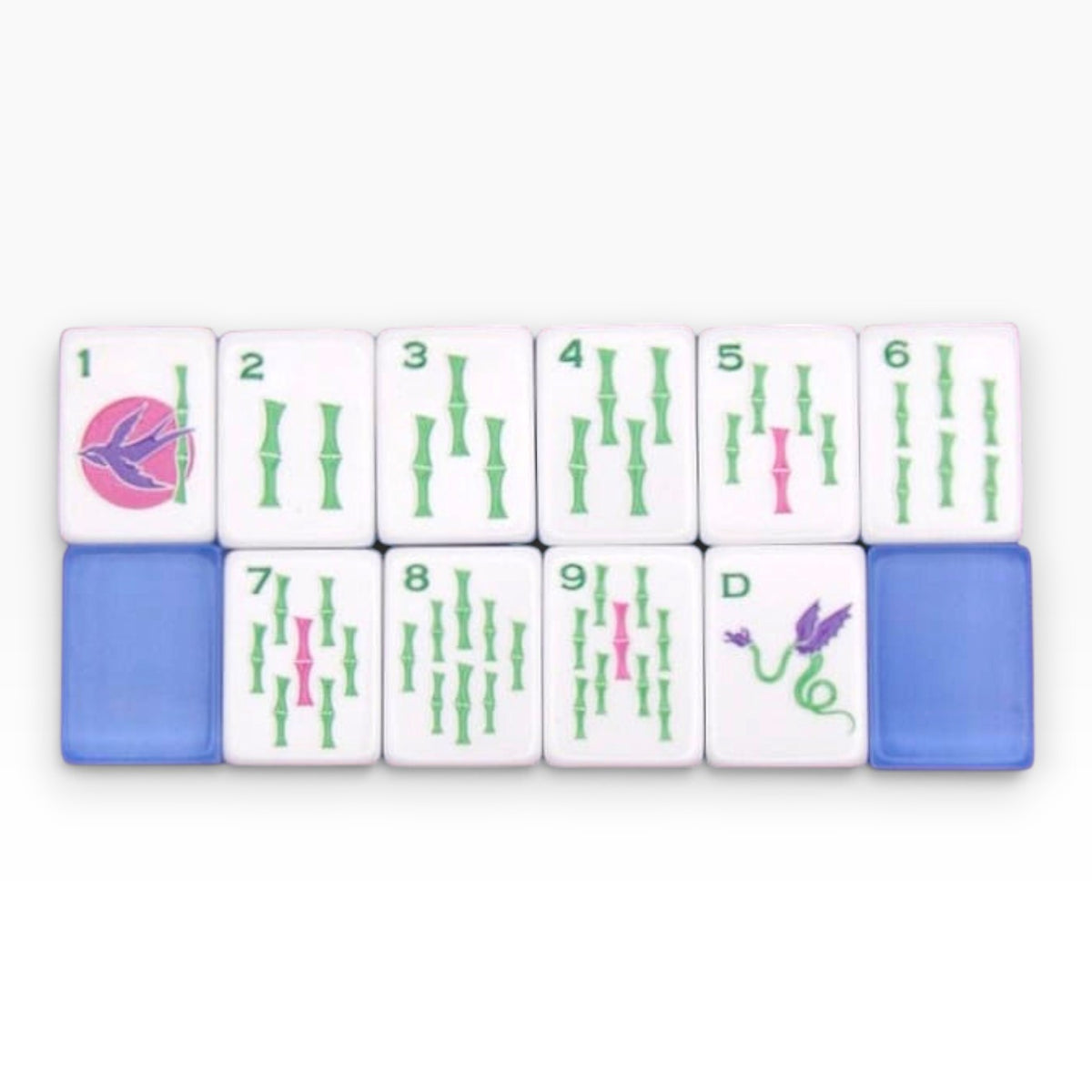 Ladybug & Bluebell mahjong dot suit in a pastel palette with a rainbow-ring dragon tile