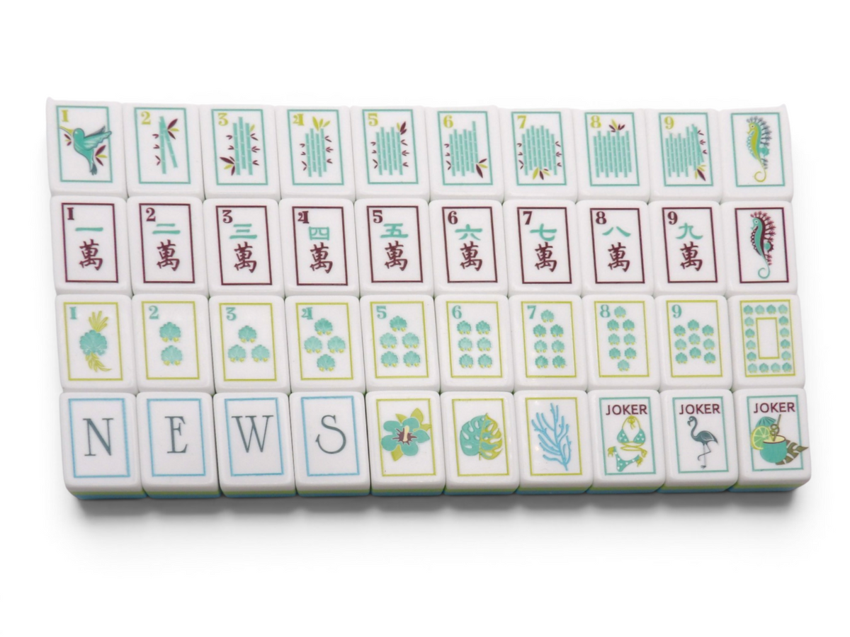 The Sea Glass Pearl American Mahjong Flower and Joker suit tiles with hand-illustrated coastal motifs