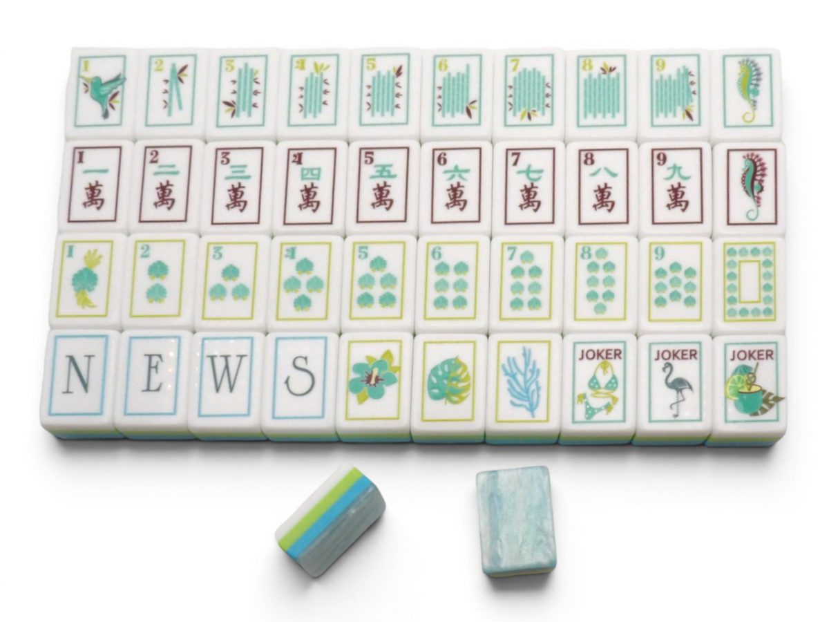 The Sea Glass Pearl American Mahjong set — complete 160-tile collection with bag, gift box and agate dice.