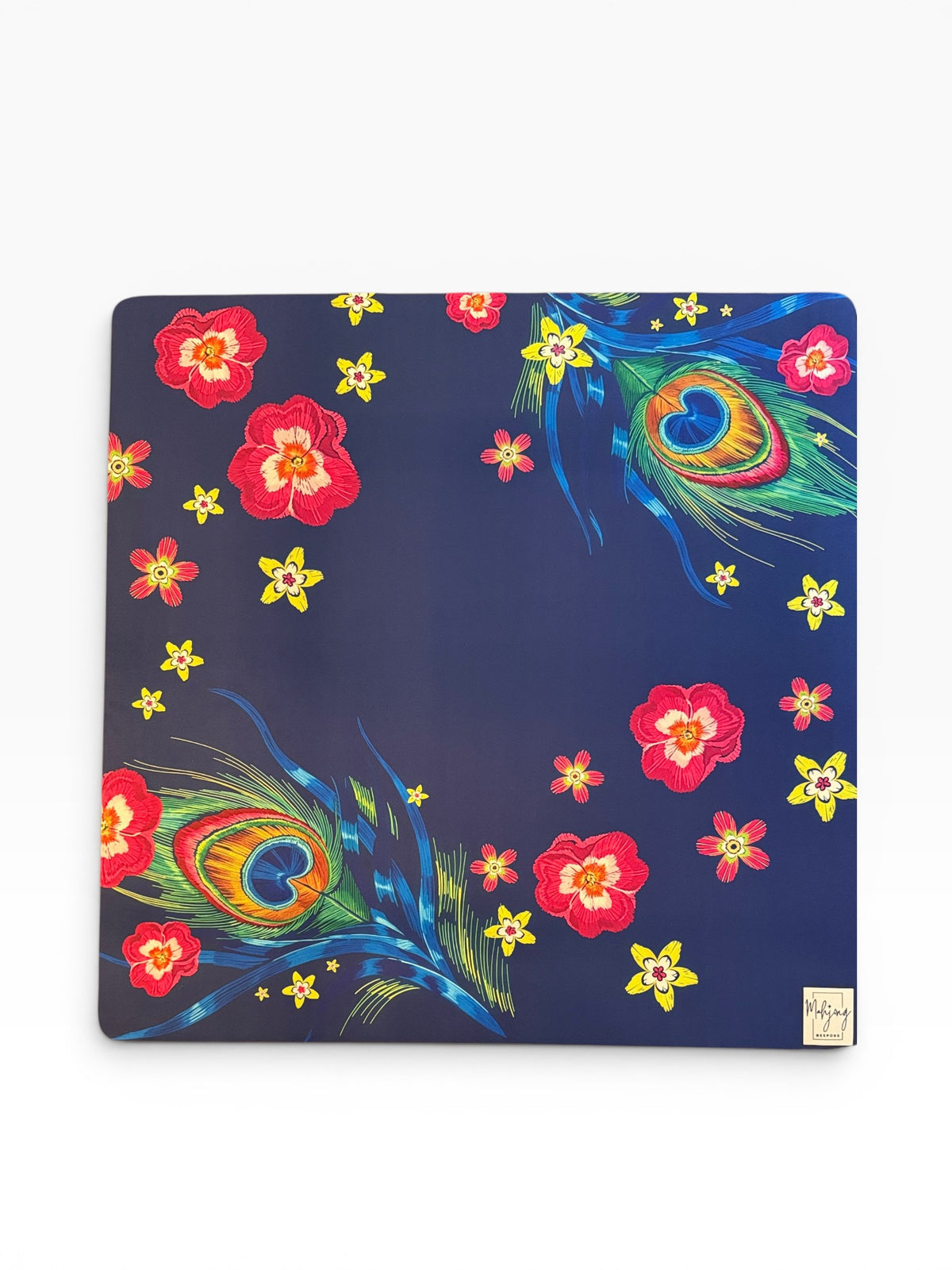 The Midnight Peacock American Mahjong mat in navy microsuede, 31.5 inch square.