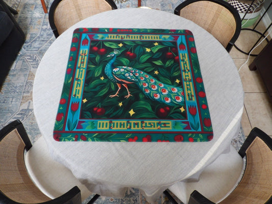 Full view of the Cherry Peacock mahjong mat showing the turquoise, red and gold folk-art border