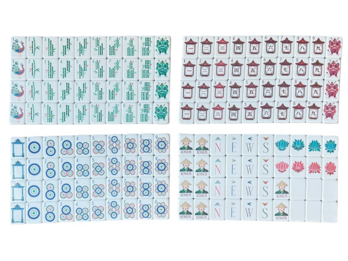 The Olive Pagoda American Mahjong Wind tiles with individually colored N-E-W-S lettering