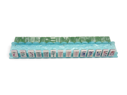 Aqua Pearl scalloped acrylic mahjong racks, set of four with magnetic pushers and velvet rack bag
