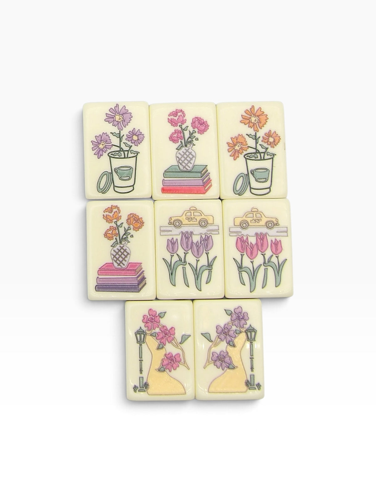 Empire Nights mahjong flower tiles with sidewalk stands and yellow cabs