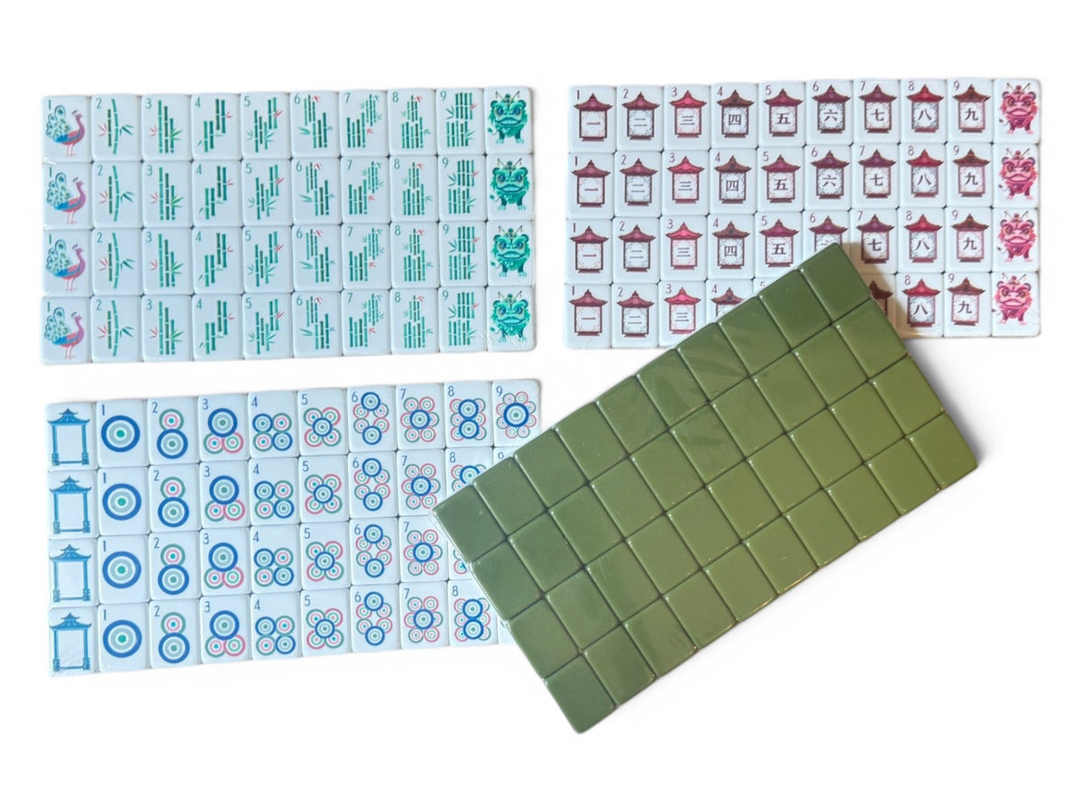 The Olive Pagoda American Mahjong set — complete 160-tile collection with bag, gift box and agate dice.