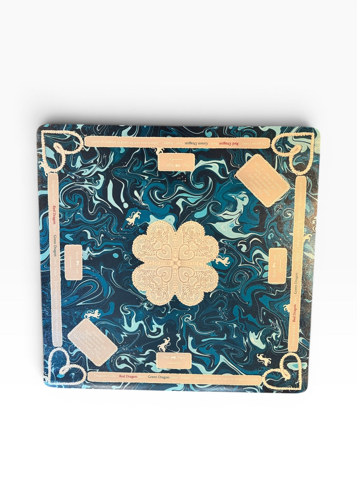 The Marbled Tide American Mahjong mat in leatherette with printed play guide, 31.5 inch square.