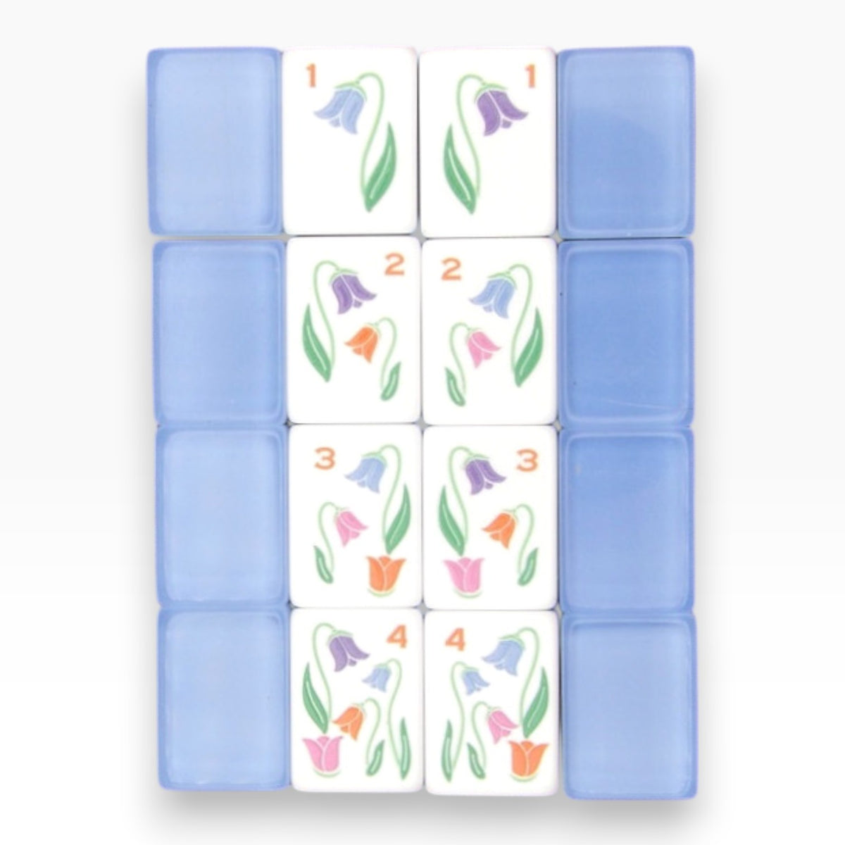 Ladybug & Bluebell mahjong wind tiles with a compass-star motif in gold, coral and violet