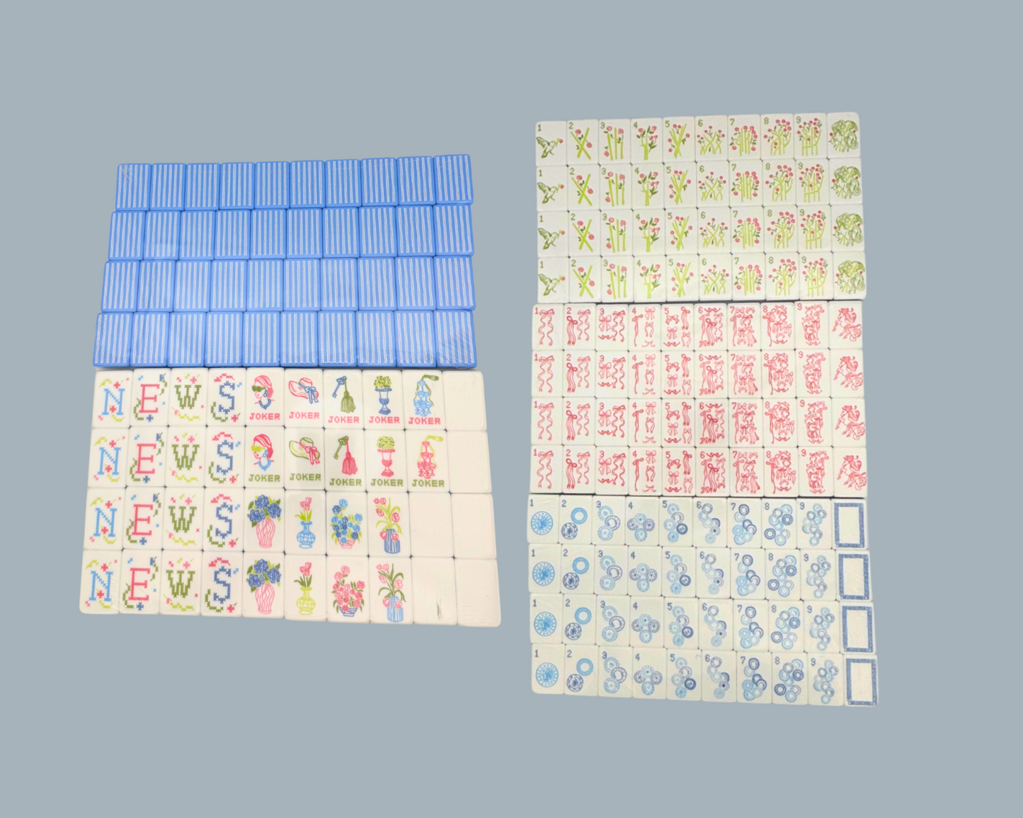 Grandmillennial Mahjong Set Blue needlepoint design w/ Bag, Box & agate dice0