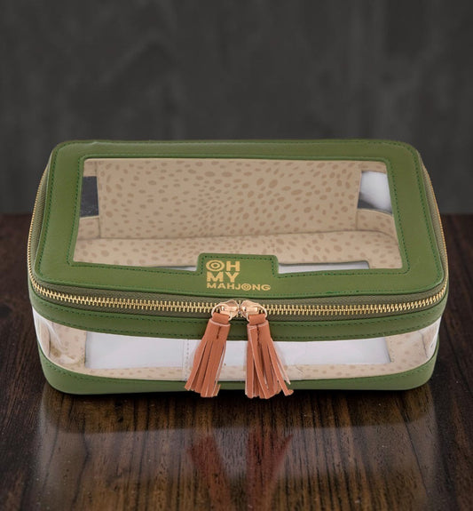 Oh My Mahjong Mahjong Tile Storage Case Organizer Bag Olive Green Cheetah NEW0