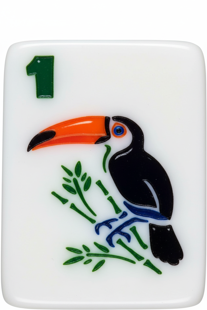 Tropical American Mahjong tile set with etched acrylic island-theme artwork.