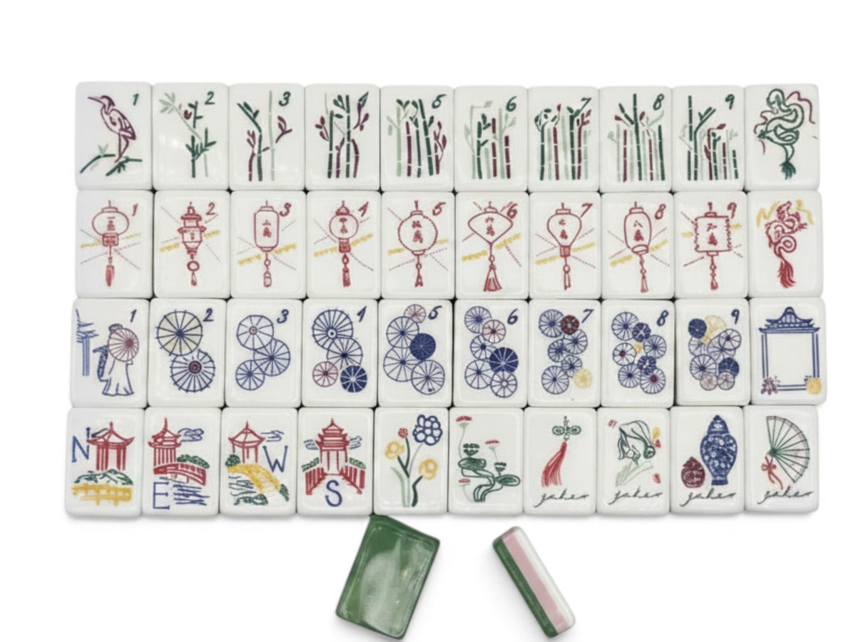The Jade Garden American Mahjong set, 160 tiles in jade chinoiserie with bag, gift box and agate dice