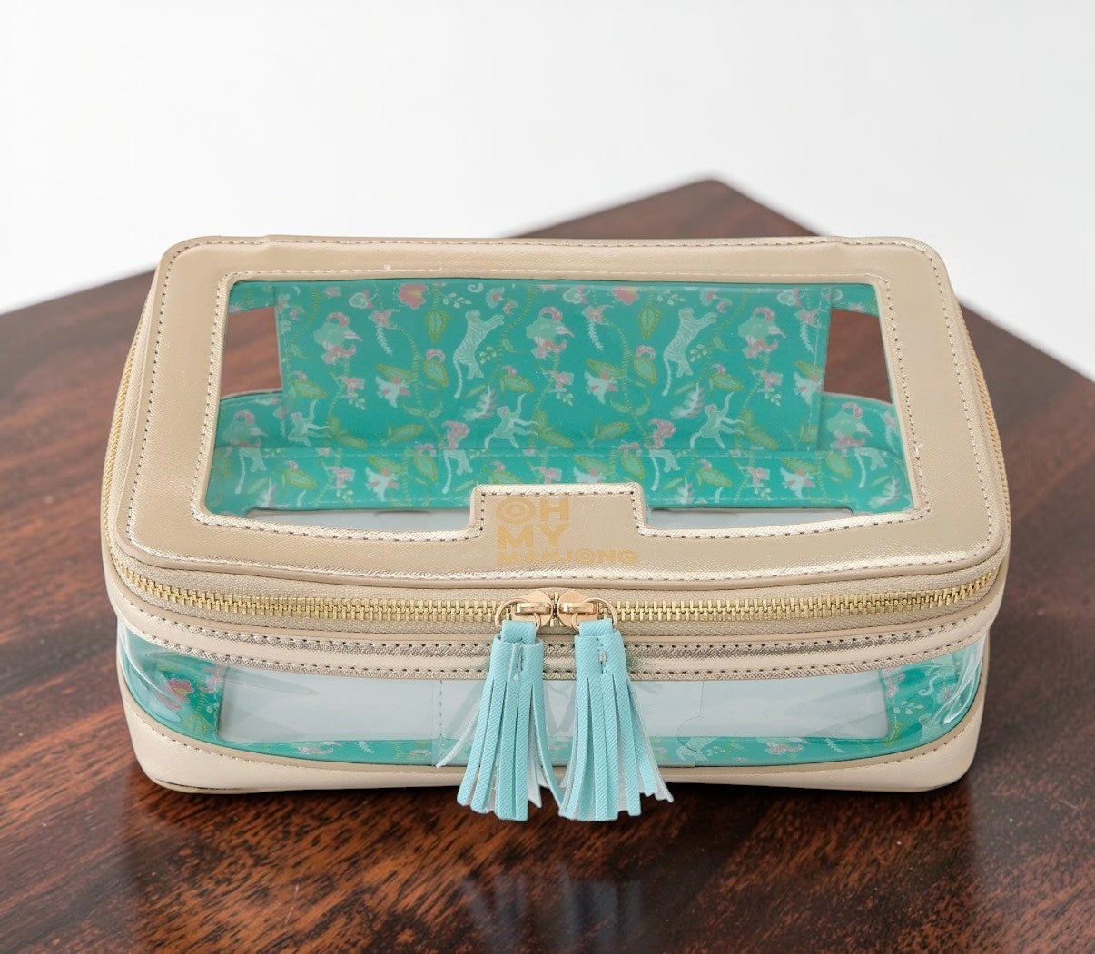 Oh My Mahjong Mahjong Tile Storage Case Organizer Bag Teal Gold Tropical NEW0