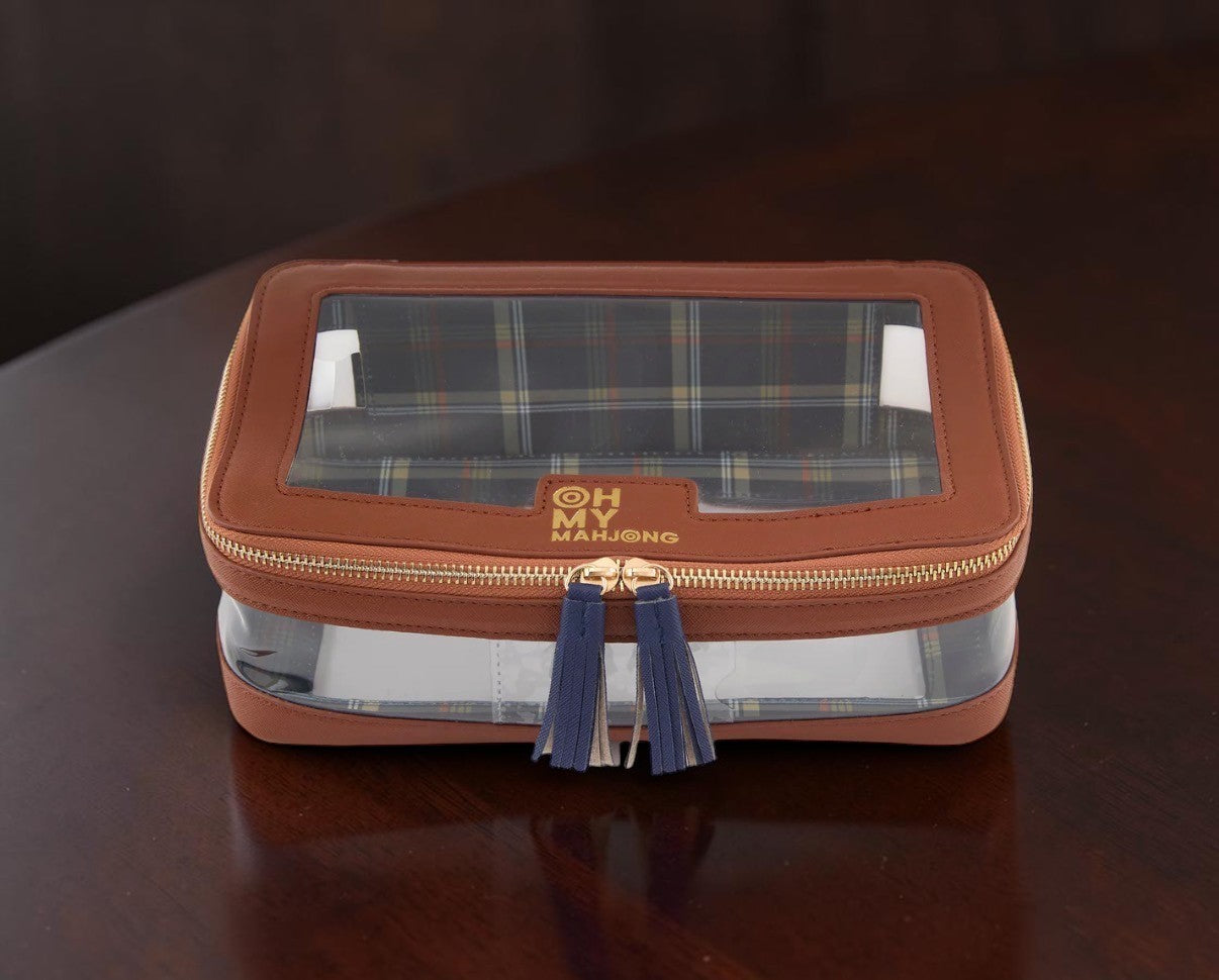 Oh My Mahjong Mahjong Tile Storage Case Organizer Bag Brown Cognac Plaid NEW0