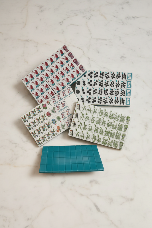 Tropical American Mahjong tile set in etched acrylic with bright island artwork