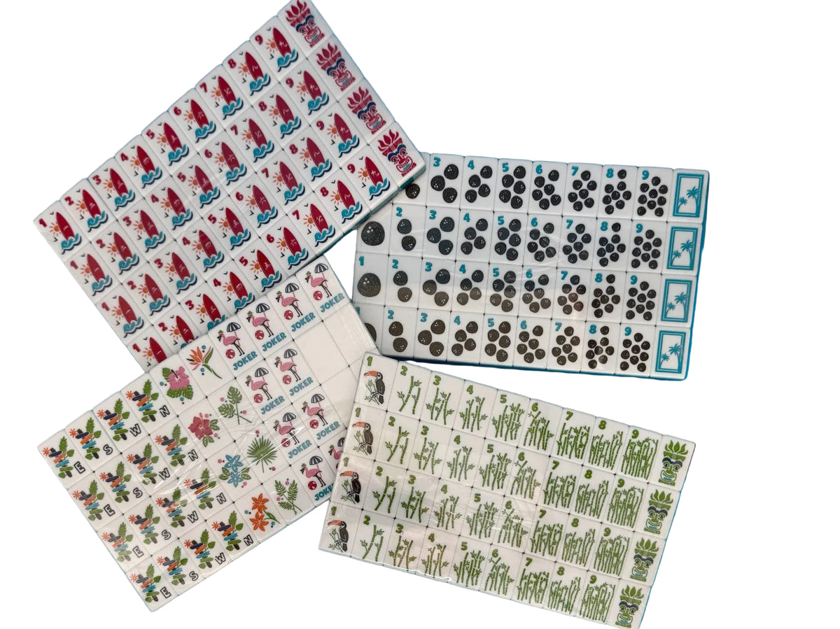 Tropical mahjong wind and dragon tiles with beachy details