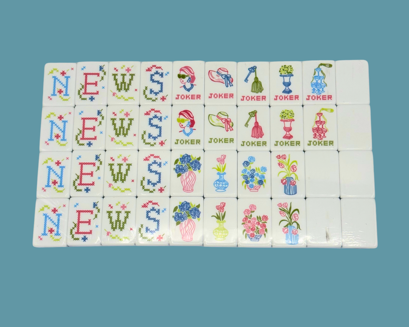 Grandmillennial Mahjong Set Blue needlepoint design w/ Bag, Box & agate dice3