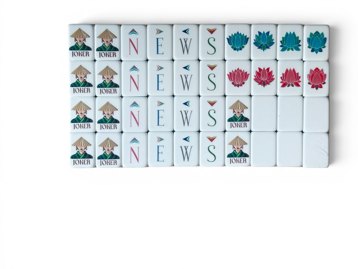The Olive Pagoda American Mahjong Crak suit tiles with pagoda-lantern numerals and lion-dog crest