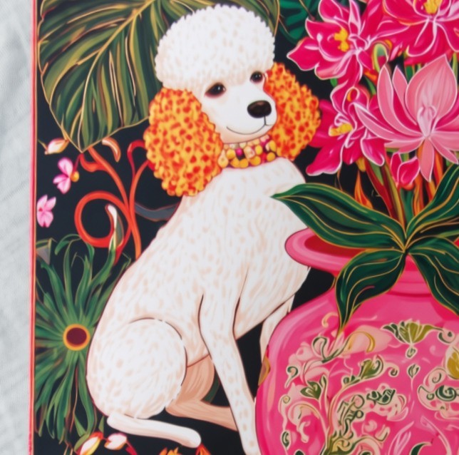 Detail of the Poodle Parlor mahjong mat showing the hot pink edge and orange water lilies on the black ground