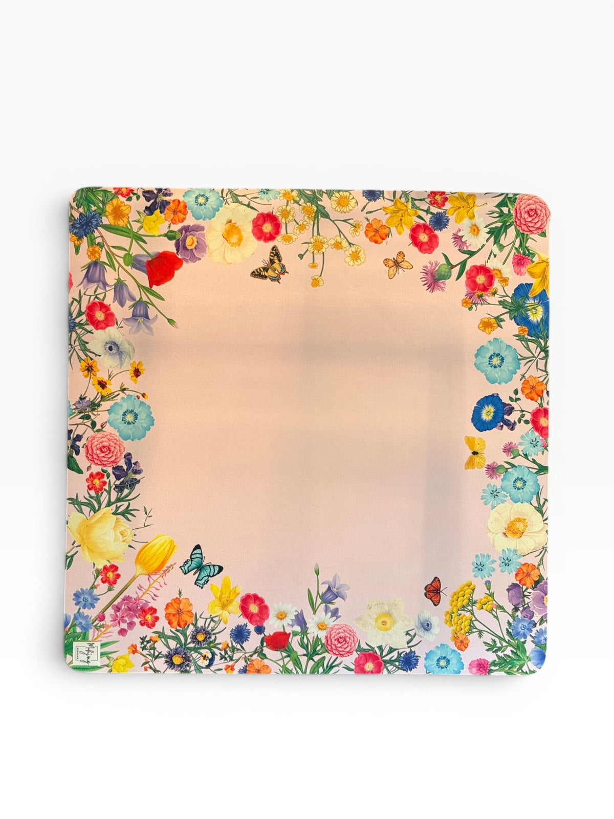 The Wildflower Meadow American Mahjong mat in microsuede, 31.5 inch square with floral border.