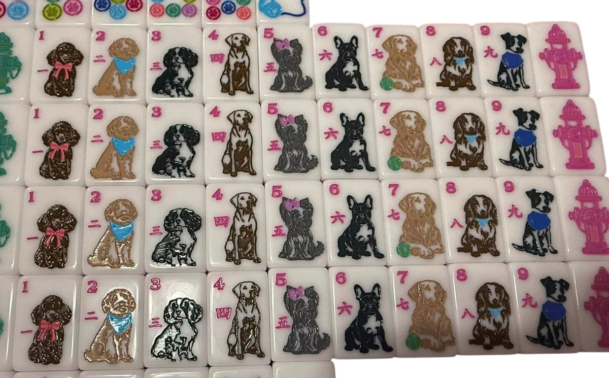 Best in Show mahjong flower tiles with paw prints and Best in Show ribbon