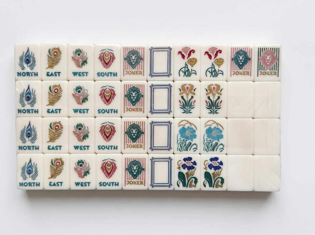 Deco Lion peacock-feather wind tiles, Art Deco lion jokers, and flower tiles.