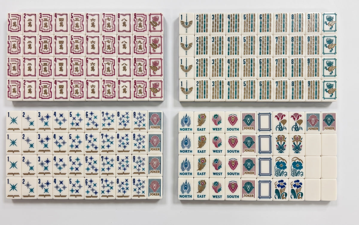 The Deco Lion American Mahjong set showing all 160 tiles across four suits.