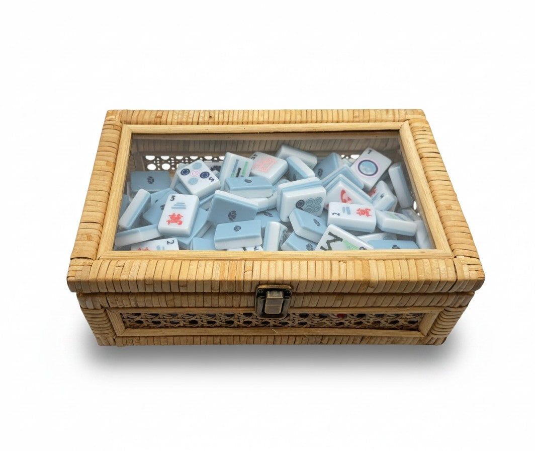 Handwoven Rattan Mahjong Tile Box | Clear Display Lid | Antique Clasp