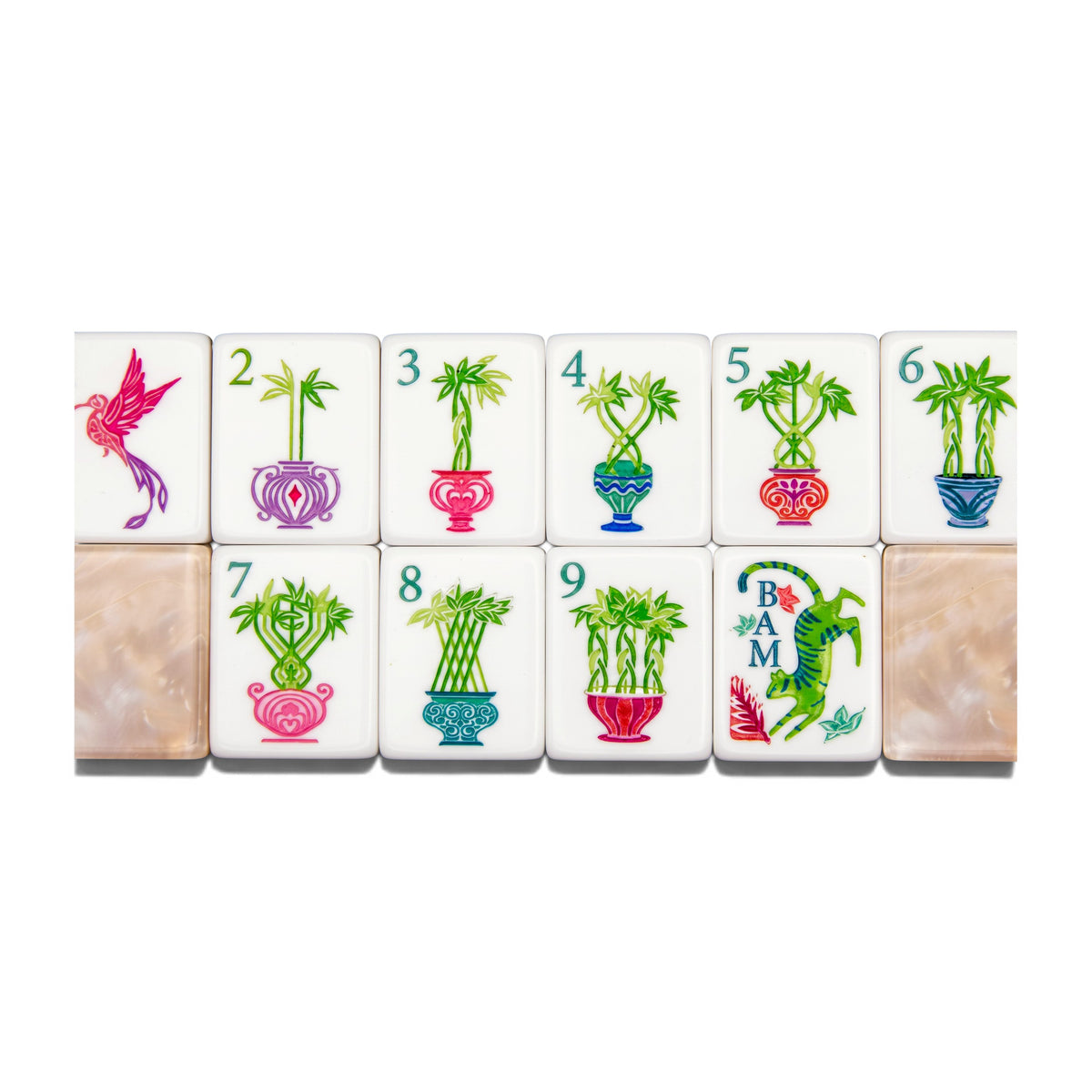 Lotus & Koi blush and champagne pearl-marbled mahjong tile backs with pink and orange edge stripe