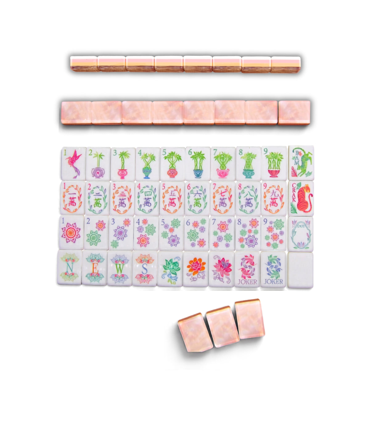 Lotus & Koi American Mahjong set with blush pearl-marbled tile backs, tile bag, gift box and dice
