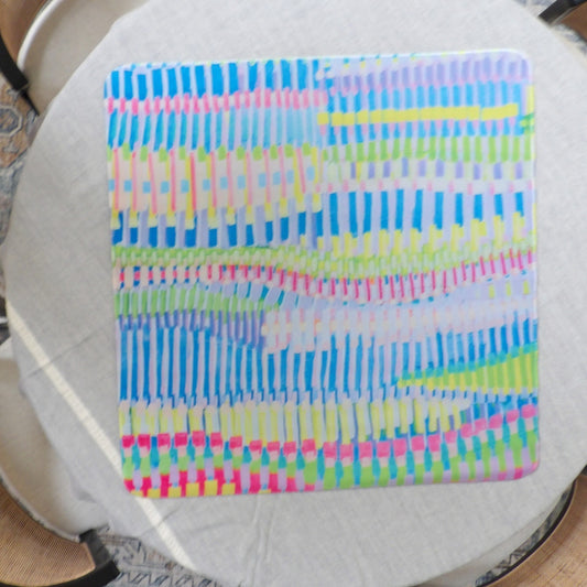 Abstract neon mahjong mat with hand-painted brushstroke stripes in blue, pink, chartreuse and lilac on white