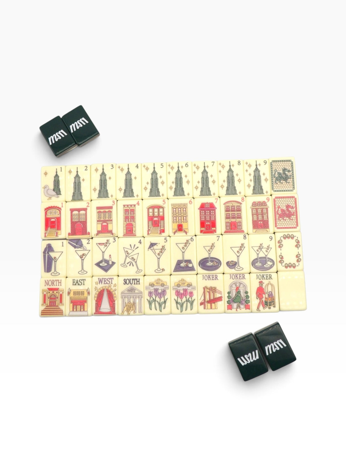 Empire Nights mahjong set with peacock gift bag, white gift box and agate dice