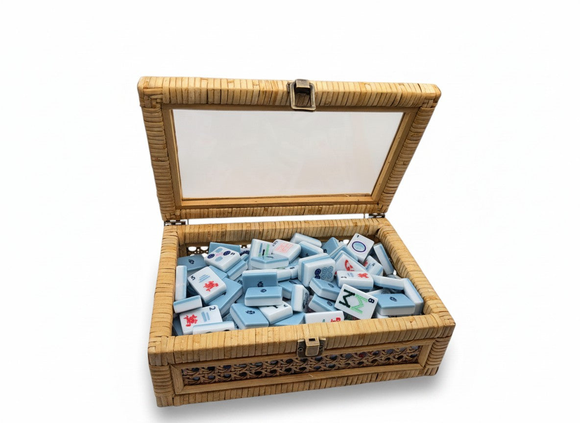 Handwoven Rattan Mahjong Tile Box | Clear Display Lid | Antique Clasp