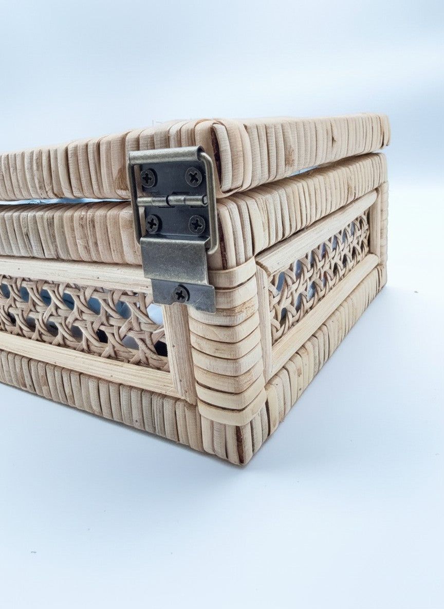 Handwoven Rattan Mahjong Tile Box | Clear Display Lid | Antique Clasp