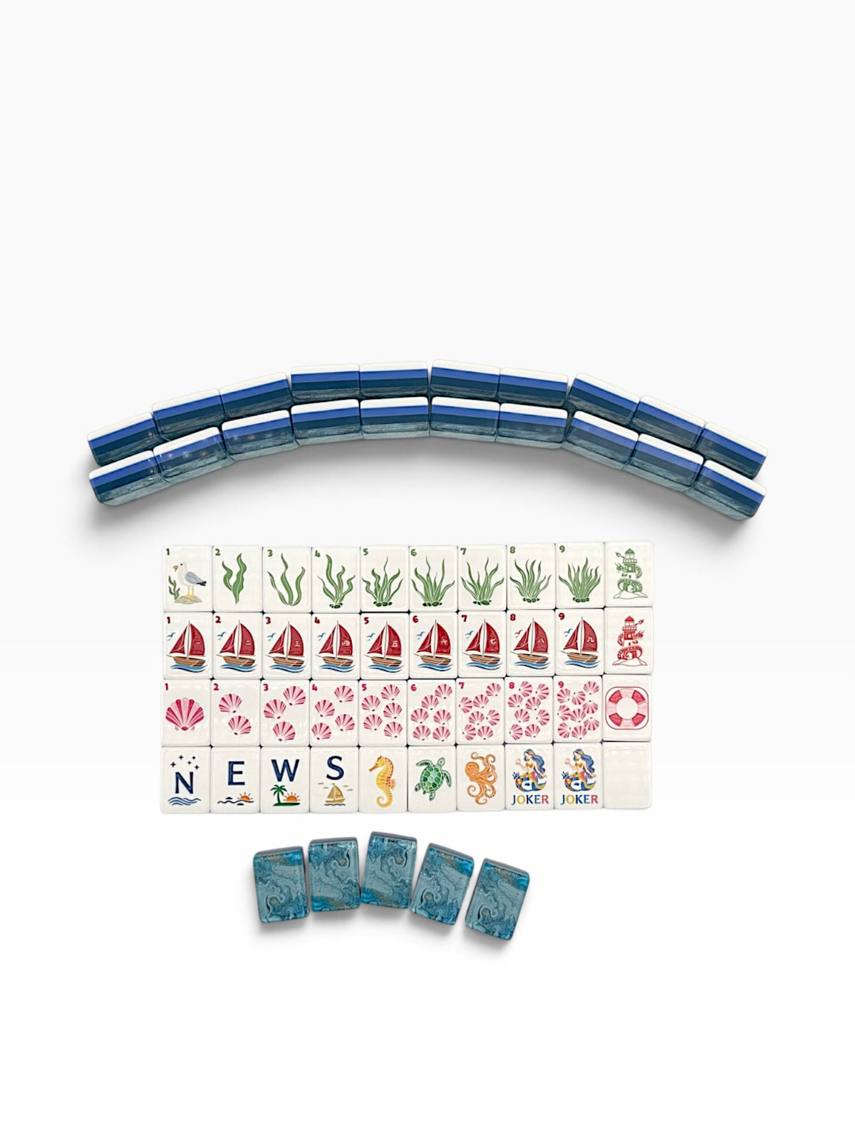 Luxury Mahjong Anchor & Tide set featuring coastal-themed acrylic tiles with sailboat, sea life, and mermaid designs.