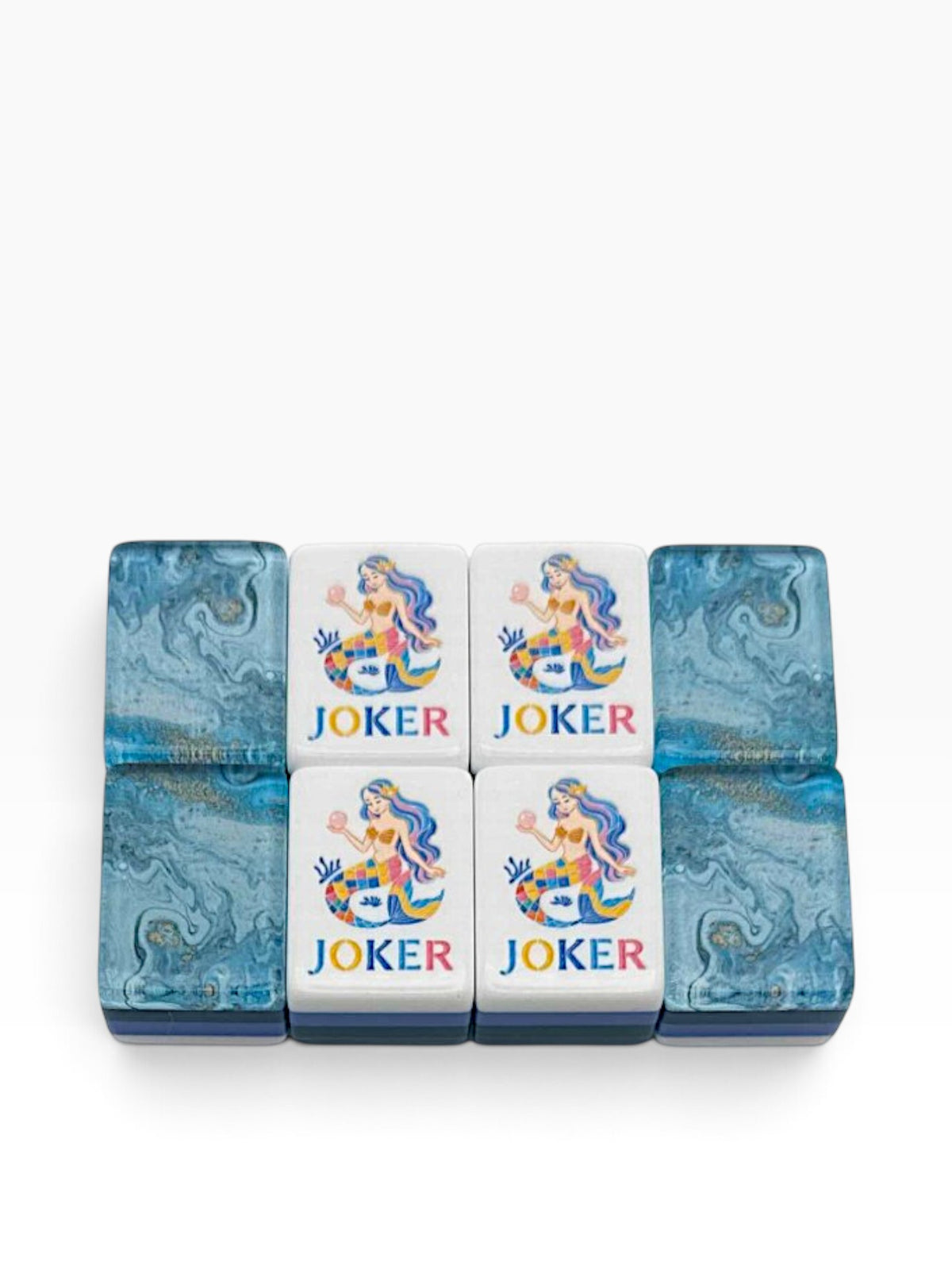 Luxury Mahjong Anchor & Tide acrylic Joker tiles featuring bejeweled mermaid illustrations and navy marbled backs.