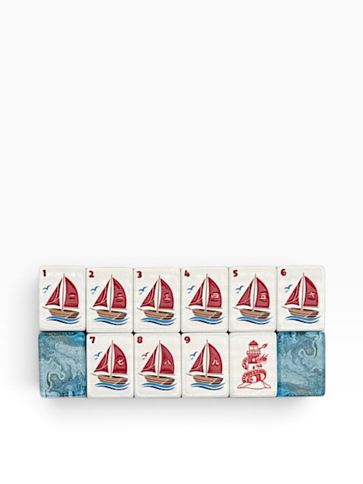 Luxury Mahjong Anchor & Tide acrylic tiles featuring crimson sailboat illustrations on a crisp white background