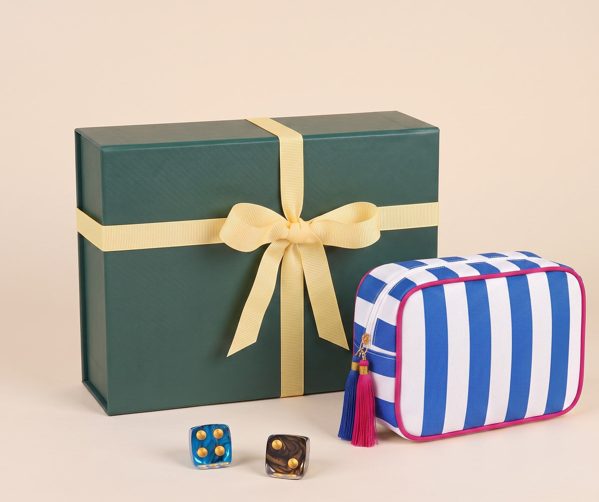 Luxury Mahjong Anchor & Tide set featuring a green gift box, blue and white striped tile bag, and two agate dice.