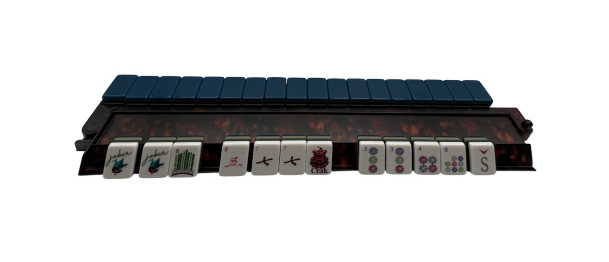 Luxury Mahjong Blue Willow American mahjong set with navy backed tiles and a tortoiseshell pattern tile rack