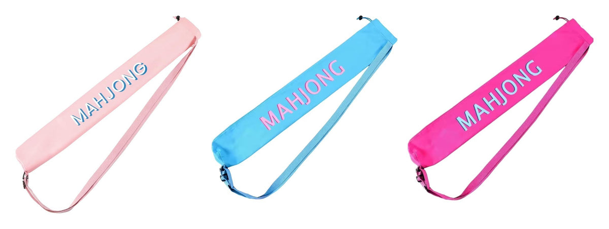 Luxury Mahjong canvas mat bags in light pink, light blue, and hot pink with adjustable straps and Mahjong lettering.