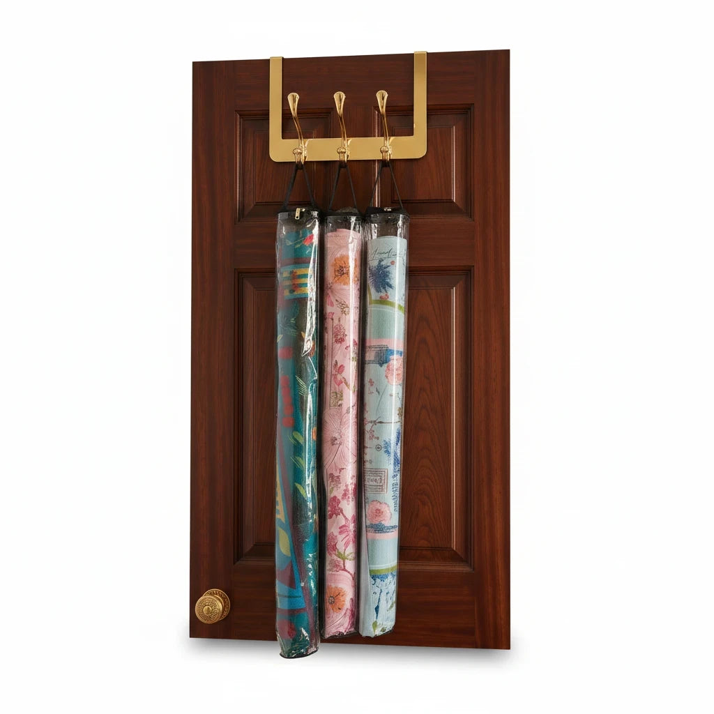 Luxury Mahjong set of three clear PVC storage bags hanging on a door, holding rolled patterned mahjong mats.