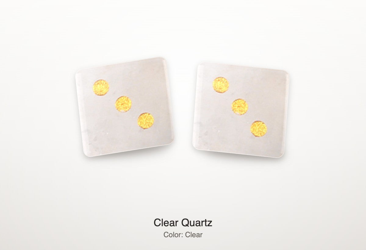 Luxury Mahjong pair of 16mm frosted clear quartz dice featuring bright gold pips on a clean white background