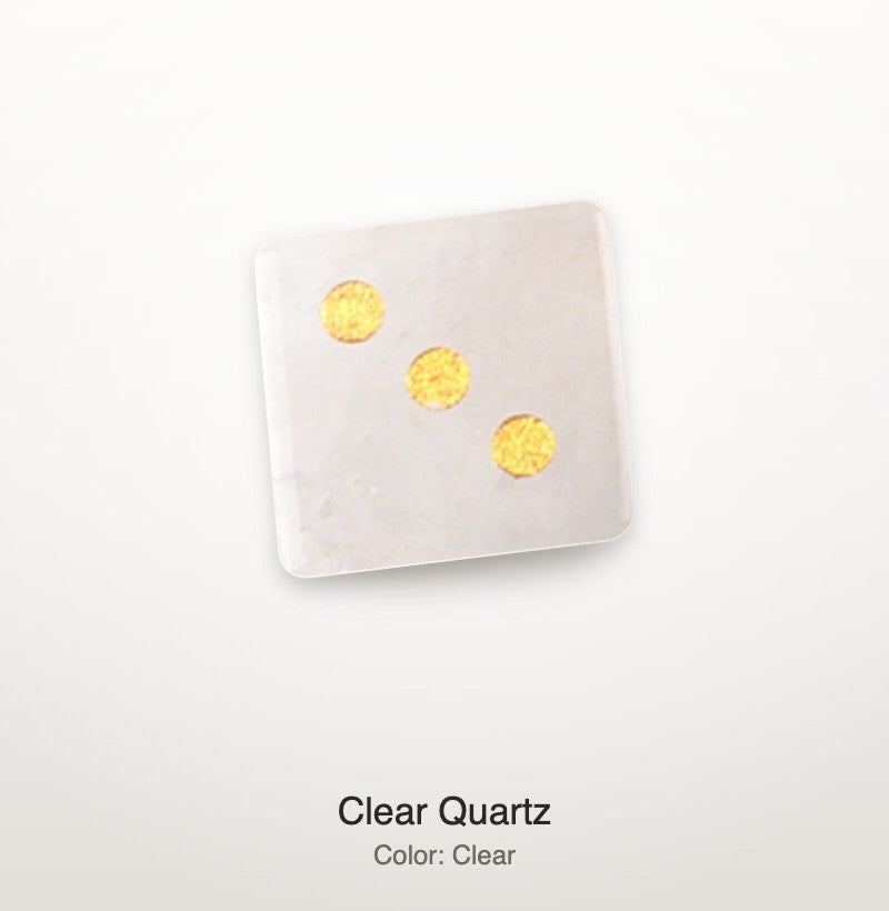 Luxury Mahjong 16mm frosted clear quartz die with three gold pips on a white background