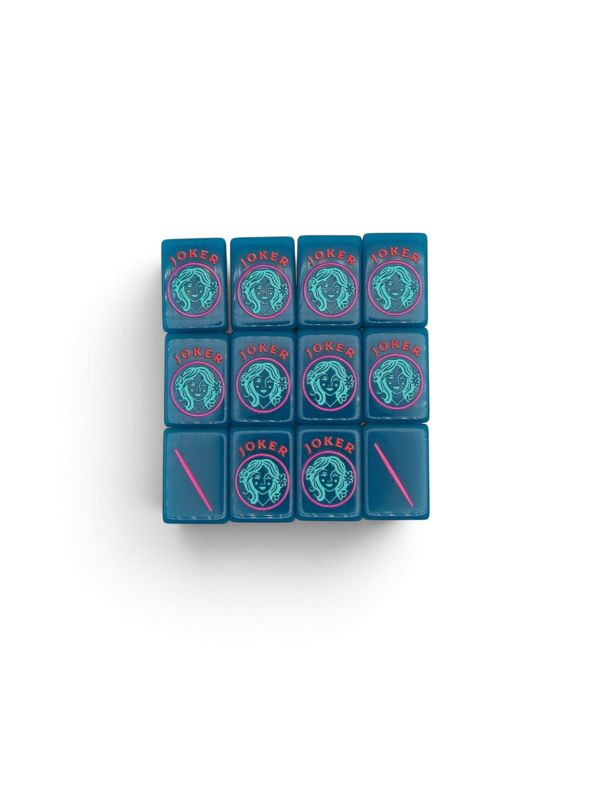 Luxury Mahjong Electric Bloom acrylic tiles featuring teal background with pink flower-crowned joker illustrations.