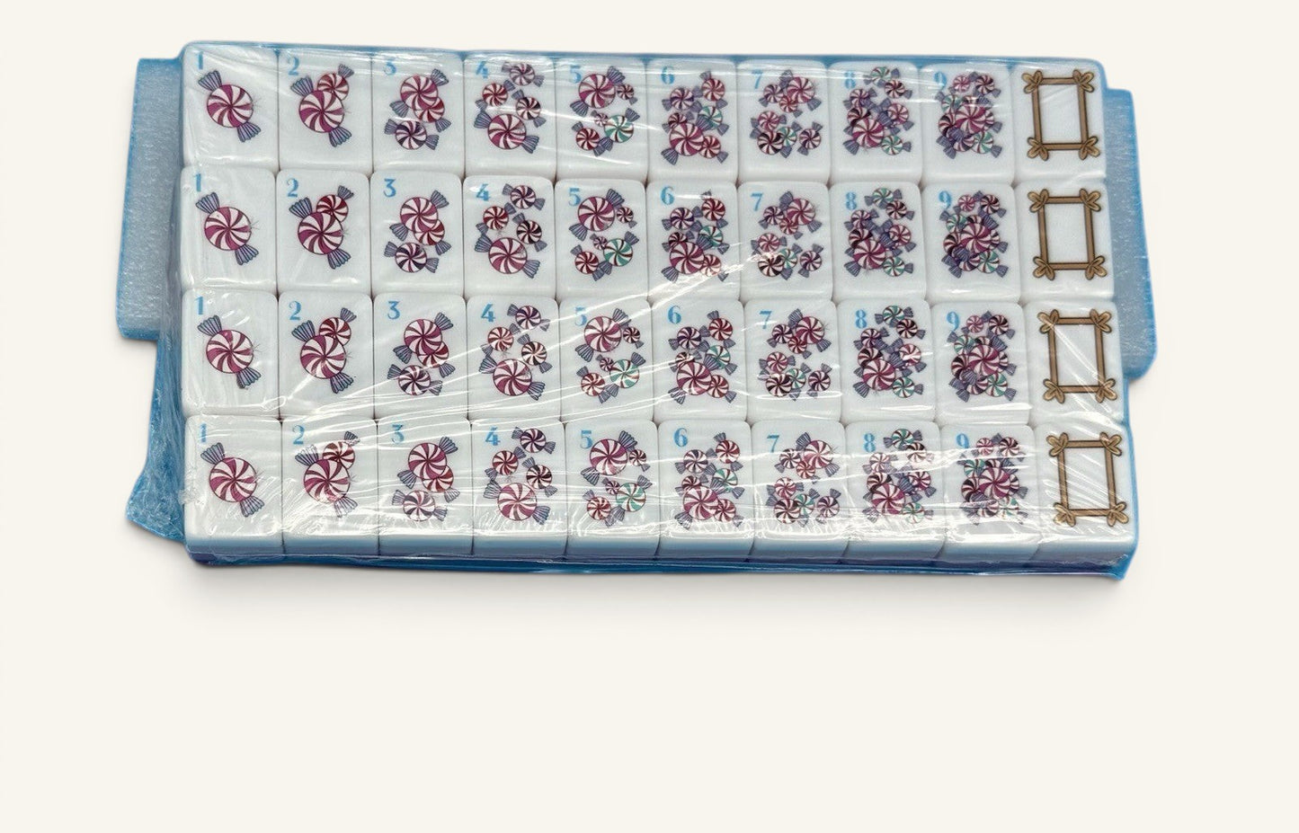 Luxury Mahjong glitter pink American Mahjong tiles featuring whimsical candy-themed artwork on white acrylic faces