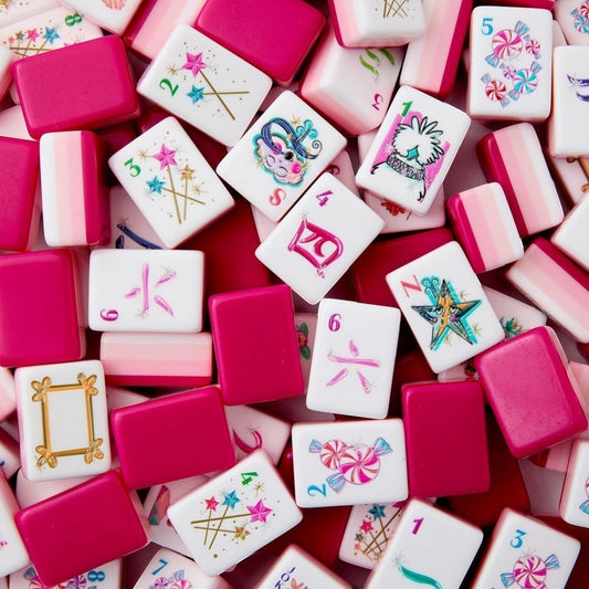 Luxury Mahjong glitter pink American Mahjong tiles featuring whimsical candy and star illustrations on white acrylic.