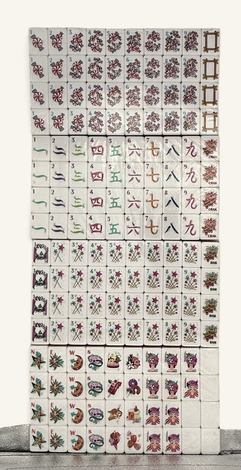 Luxury Mahjong glitter pink American Mahjong tile set with whimsical storybook illustrations on white acrylic tiles.